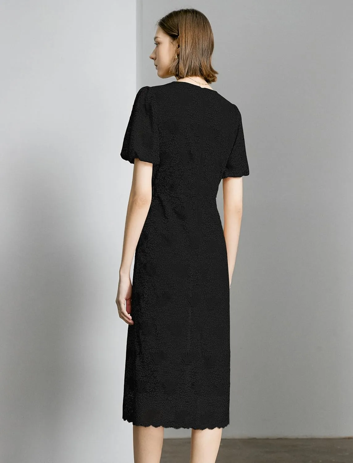 Women's Lace Floral V-Neck Dress with Puff Sleeves and Back Zipper, Elegant and Romantic Design