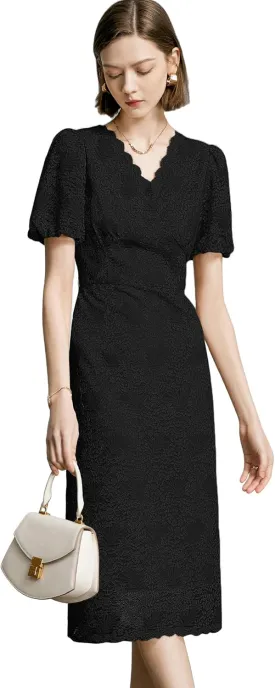 Women's Lace Floral V-Neck Dress with Puff Sleeves and Back Zipper, Elegant and Romantic Design