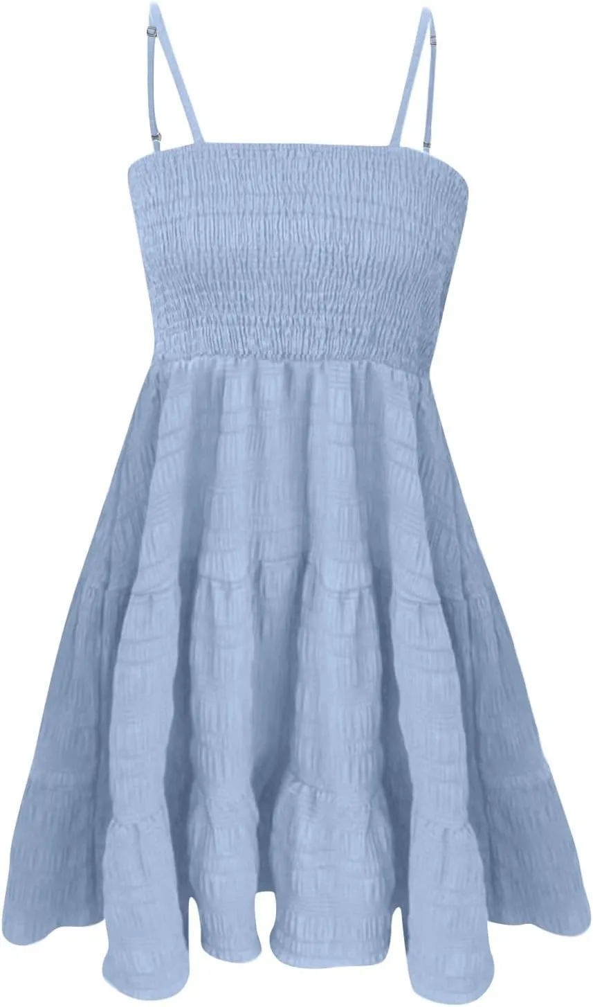 Womens Summer Boho Dresses Spaghetti Strap Sundresses Smocked Tiered Mini Dress Casual Flowy Swing Beach Sun Dress