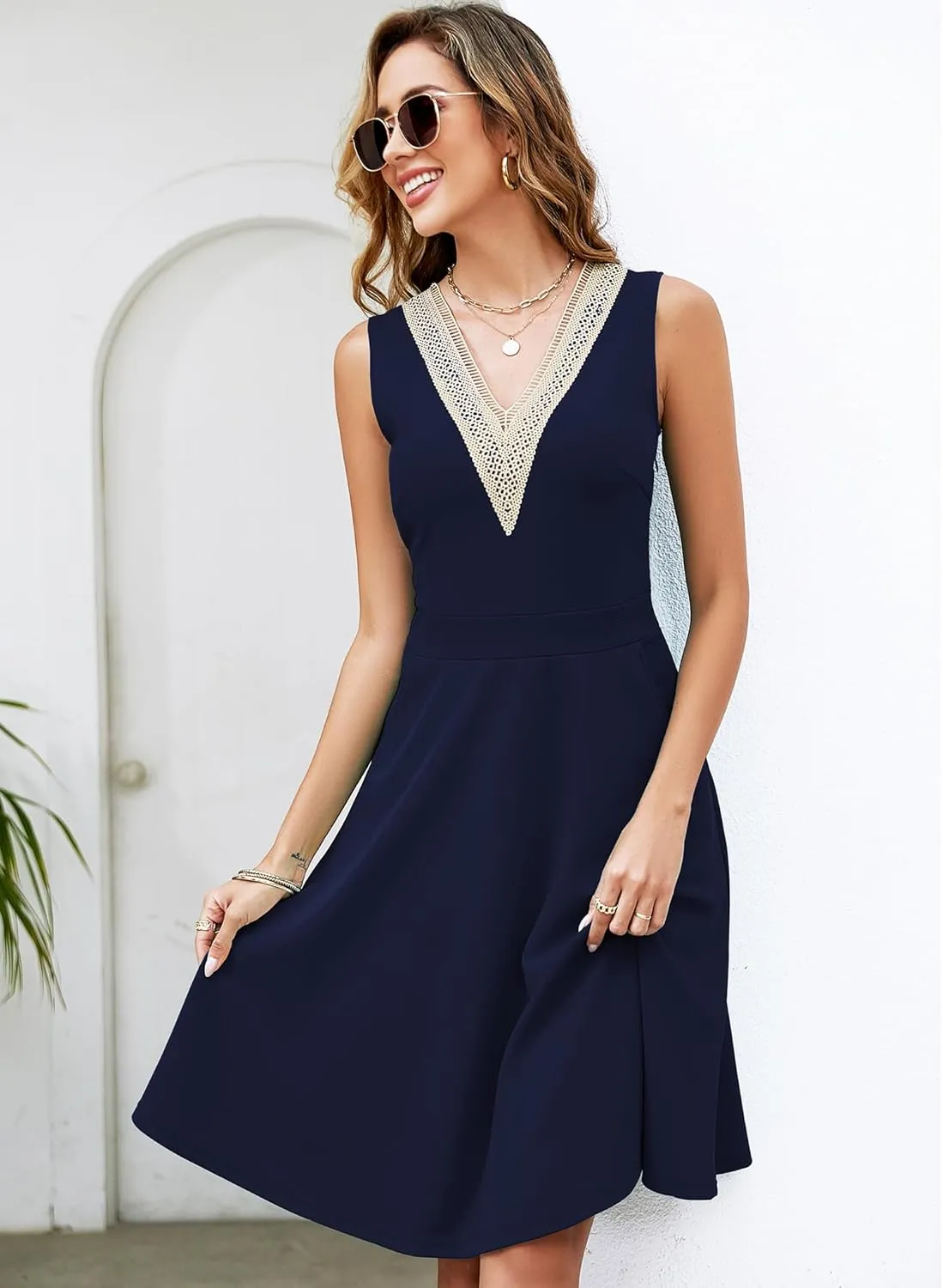 Womens Summer Lace Trim V-Neck Sleeveless Fit and Flare Tank Dresses with Pockets