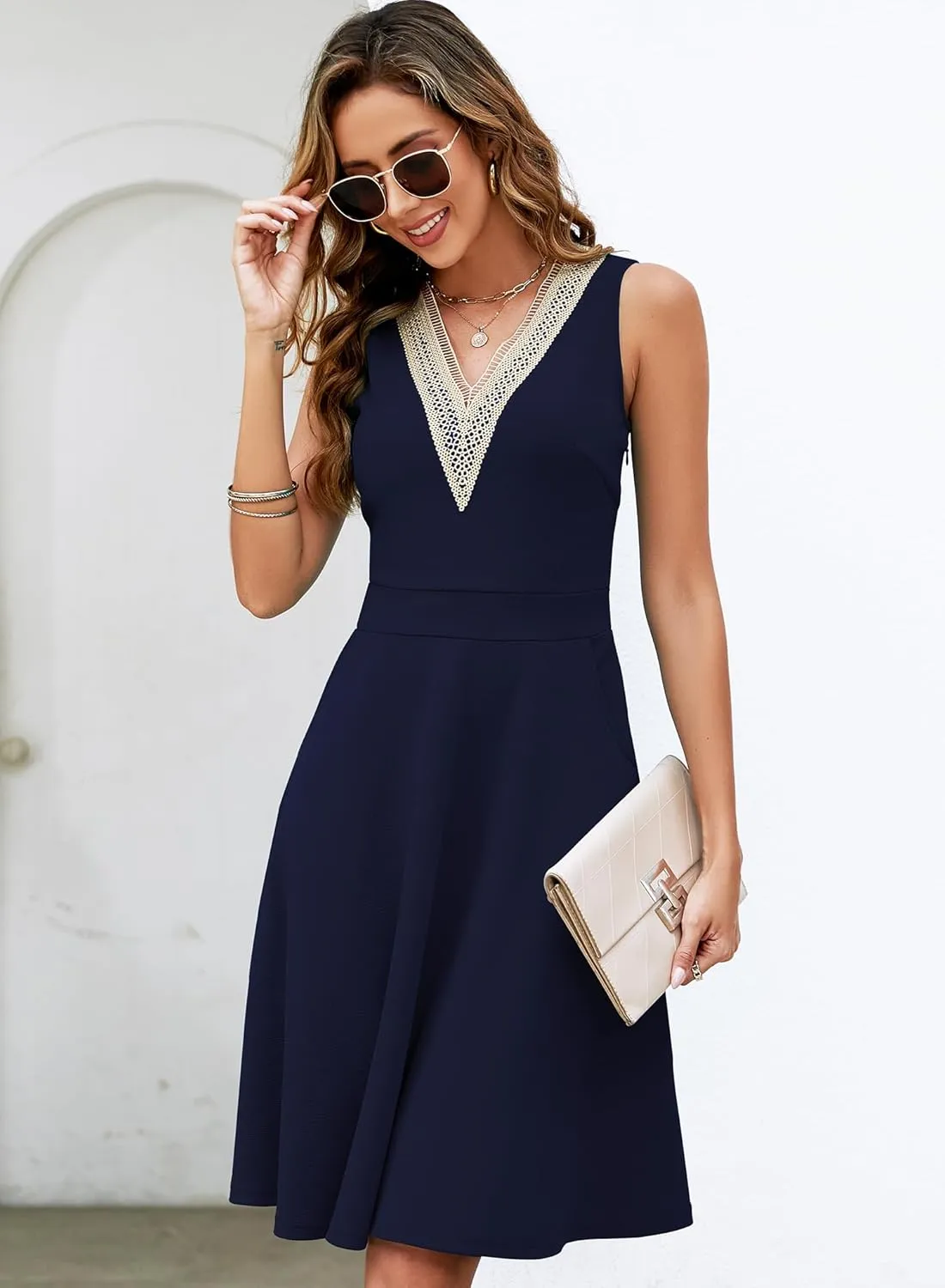 Womens Summer Lace Trim V-Neck Sleeveless Fit and Flare Tank Dresses with Pockets