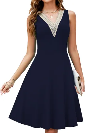 Womens Summer Lace Trim V-Neck Sleeveless Fit and Flare Tank Dresses with Pockets