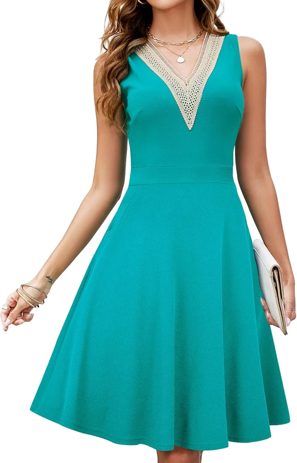 Womens Summer Lace Trim V-Neck Sleeveless Fit and Flare Tank Dresses with Pockets