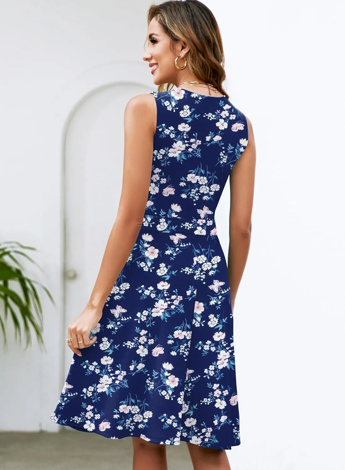 Womens Summer Lace Trim V-Neck Sleeveless Fit and Flare Tank Dresses with Pockets