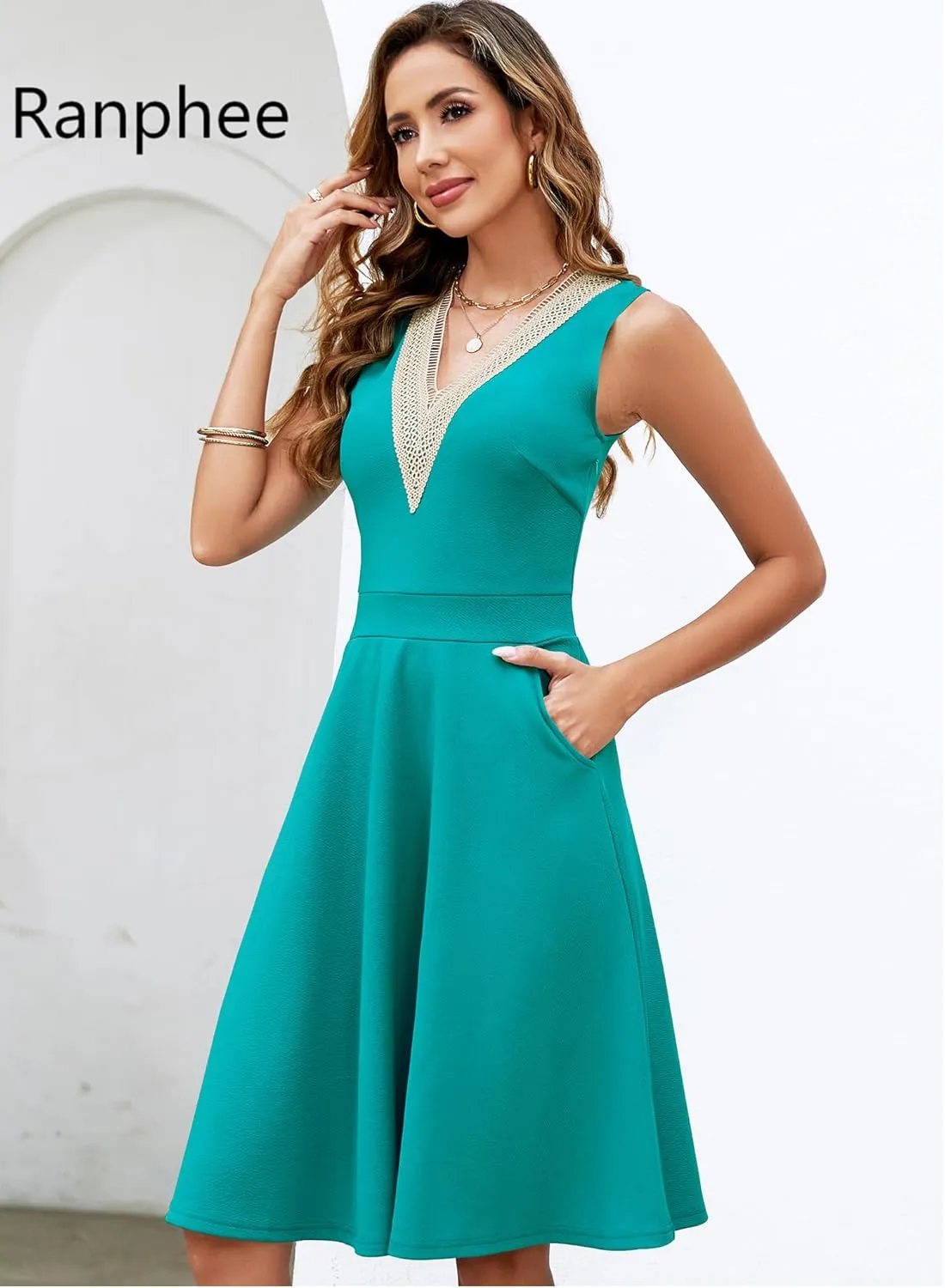 Womens Summer Lace Trim V-Neck Sleeveless Fit and Flare Tank Dresses with Pockets