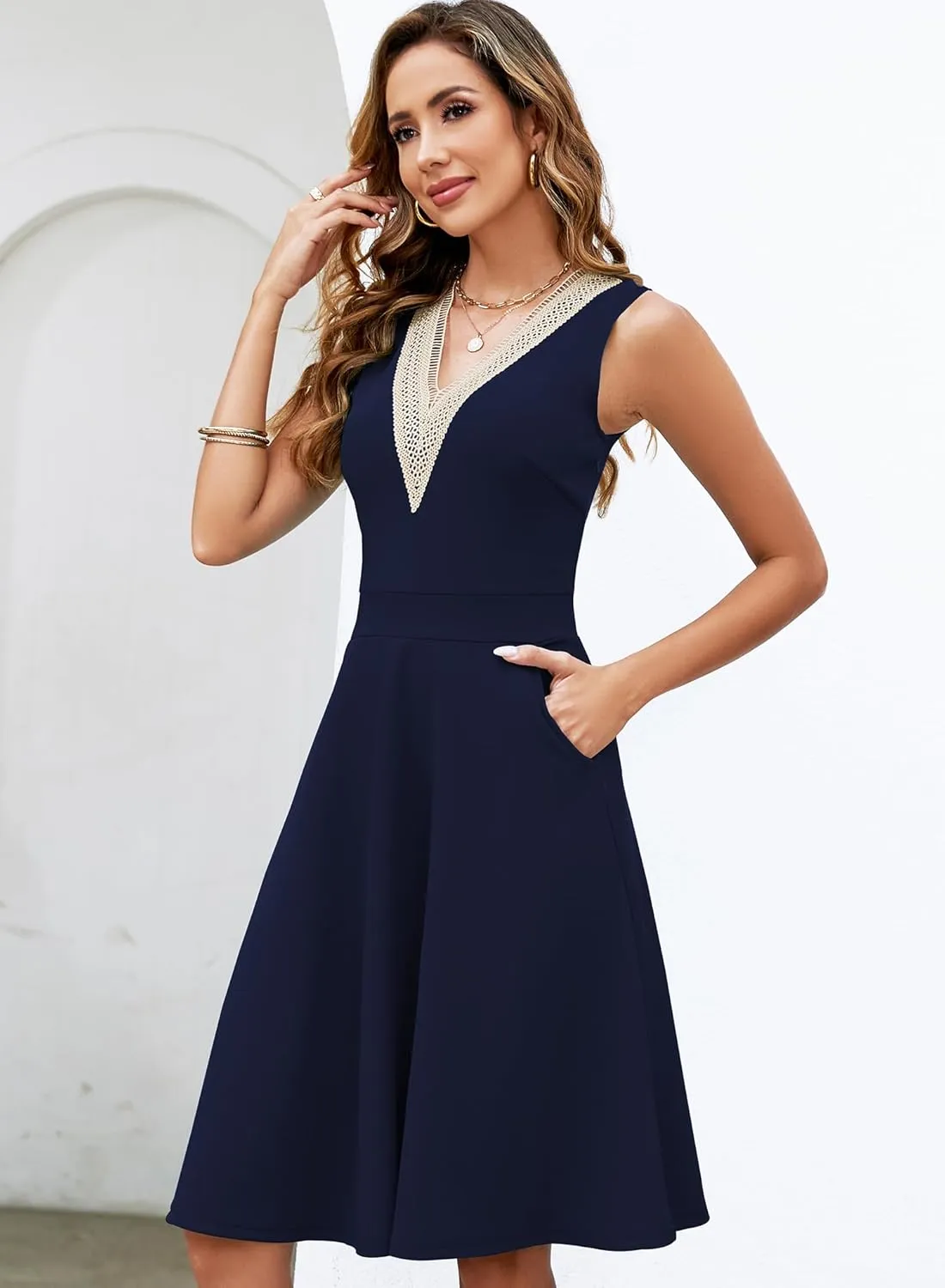 Womens Summer Lace Trim V-Neck Sleeveless Fit and Flare Tank Dresses with Pockets