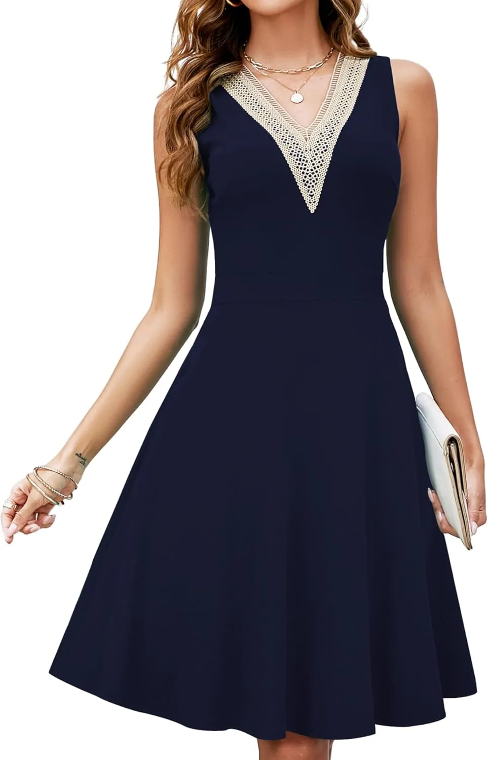 Womens Summer Lace Trim V-Neck Sleeveless Fit and Flare Tank Dresses with Pockets