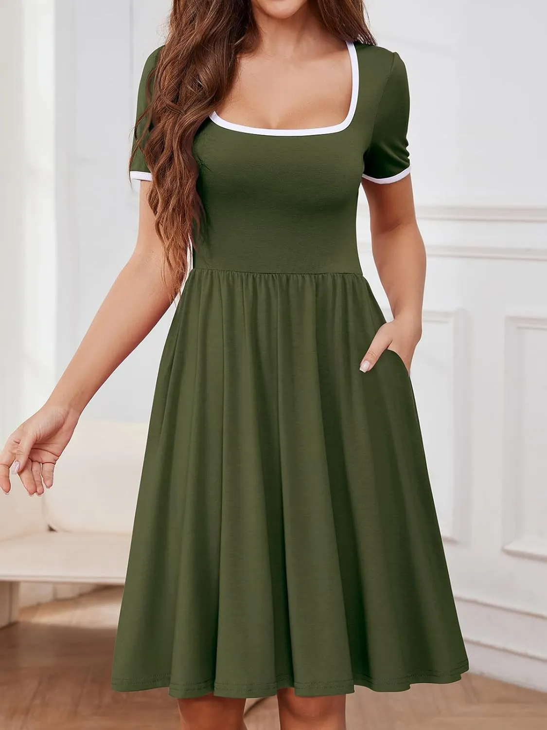YATHON Cute Summer Dresses for Women Flowy Casual Short Sleeve Color Block A Line Fit and Flare Sundress with Pockets