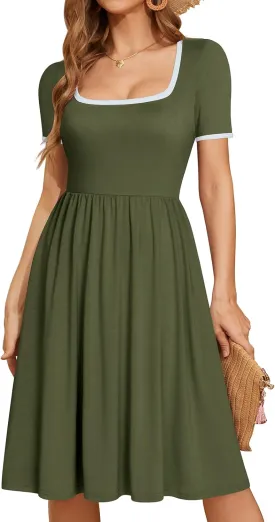 YATHON Cute Summer Dresses for Women Flowy Casual Short Sleeve Color Block A Line Fit and Flare Sundress with Pockets