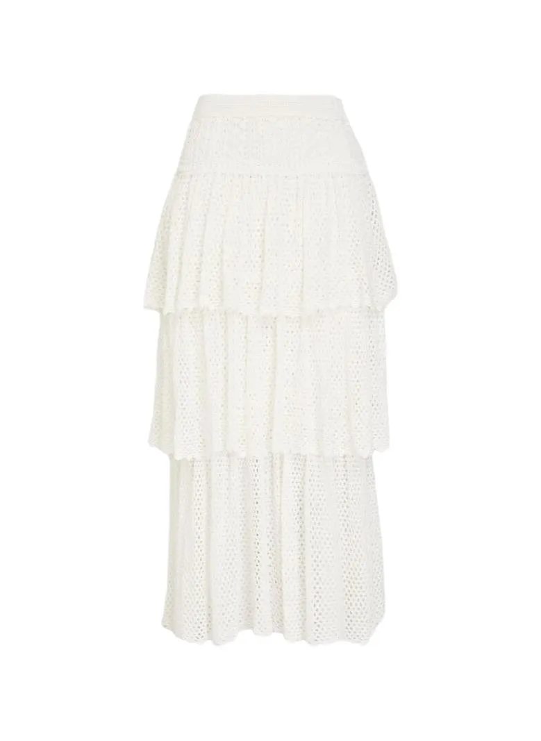 Zimmermann Jude Tiered Midi Skirt | Cream/White, High Waist, Crochet, Ladders